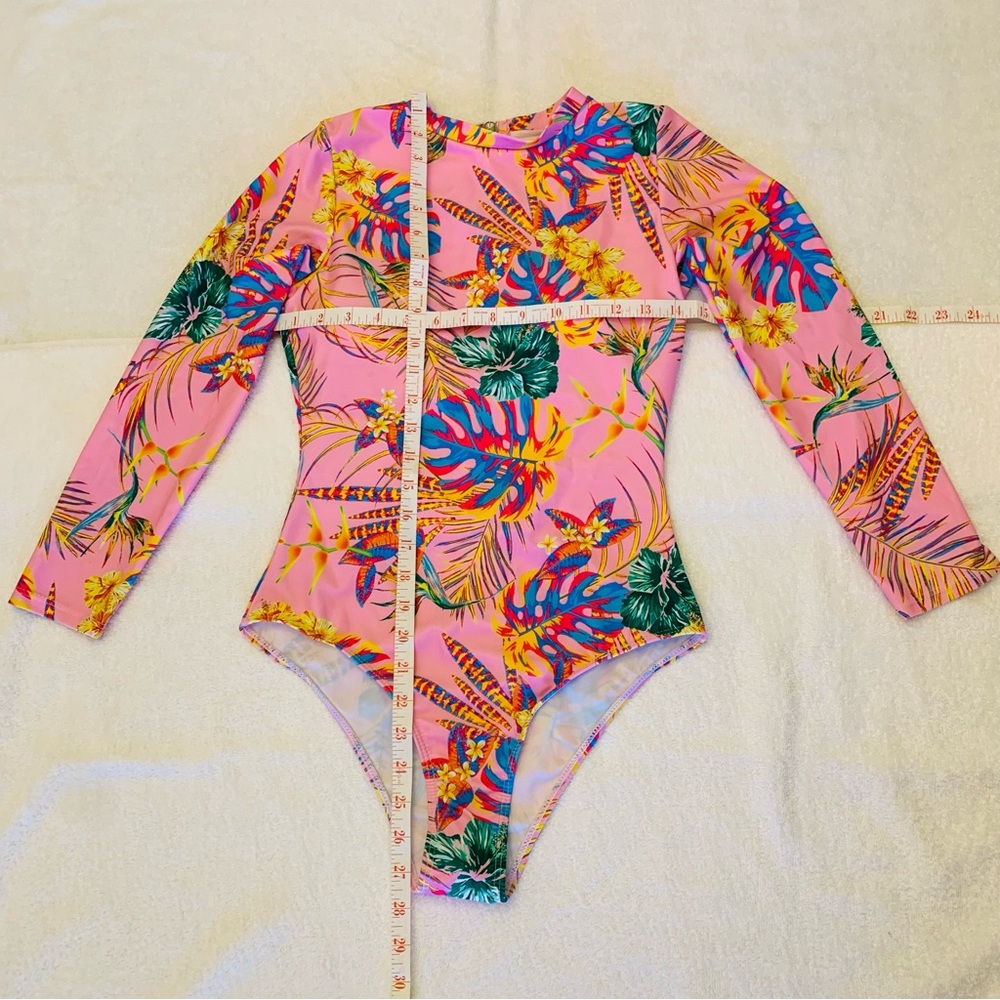 Pink Jungle Floral Long-Sleeve Surf One Piece Bathingsuit for Sun Protection Med - Picture 2 of 5